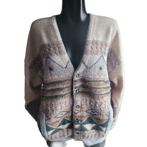Vintage Sunday's Wool Blend Beige and Brown Cabincore Cardigan Sweater L